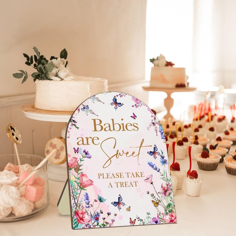 لافتة زينة لحفلات استقبال الأطفال على شكل فراشة من Sweet Babies Please Take A Treat - لافتة ترحيب وردية مقاس 9 * 11 بوصة - Image 3